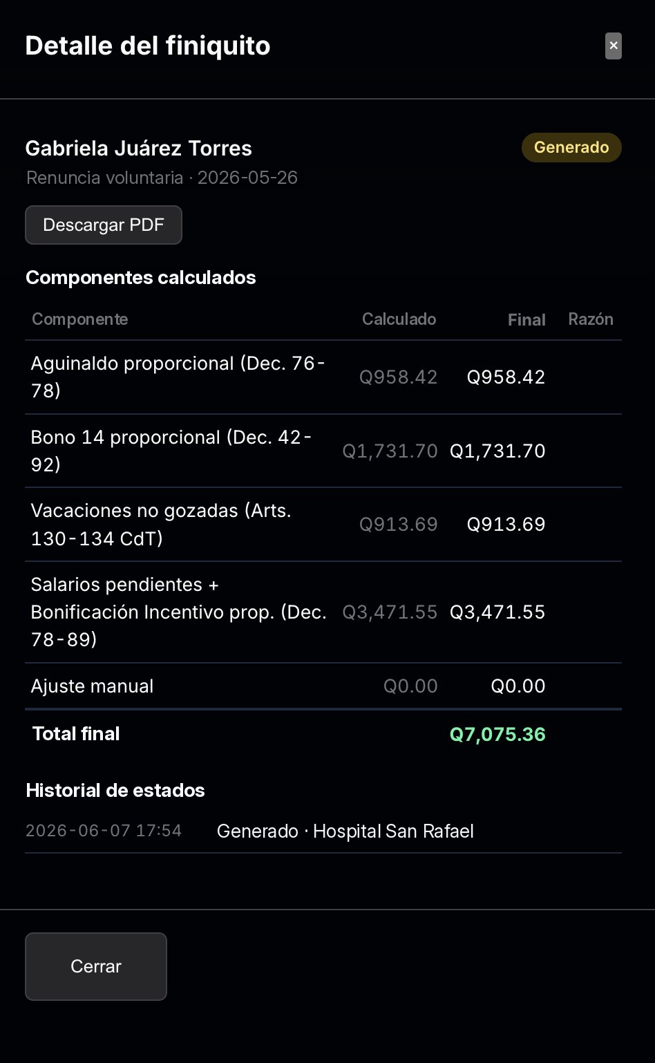 Detalle de finiquito en Chronica, componente por componente, en español